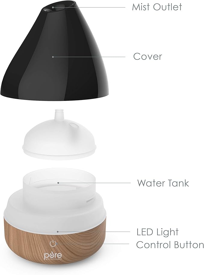 Pure Enrichment PureSpa Natural Aromatherapy Oil Diffuser (Black) - Ultrasonic Air Deodorizer with 200ml Water Tank, Wood-Grain Accents, Soft Color-Changing Lights, and Auto Safety Shut-Off