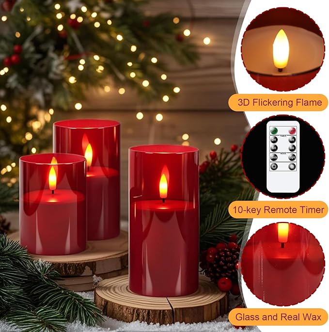 GenSwin Glass Flameless Candles with Remote Battery Operated Flickering LED Pillar Candles Real Wax 3D Wick for Wedding Festival Home Decoration(Red,Pack of 3)