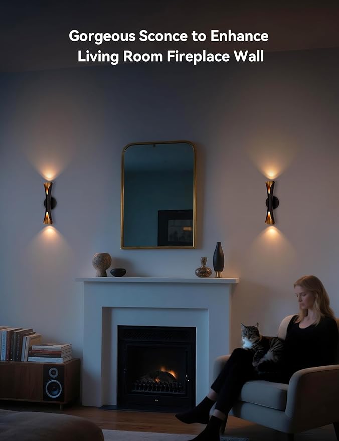 Tubicen Modern Wall Sconces Set of 2 Up and Down Wall Lights Indoor Dimmable Mid Century Modern Black and Gold Wall Sconces for Bedroom Living Room Home Theater Hardwired 15.7" H