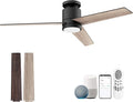 52” Smart Flush Mount Ceiling Fans with Lights Remote,Quiet DC Motor,Outdoor Indoor Low Profile Ceiling Fan,Voice Control via WIFI Alexa App,Modern Black& Walnut Dimmable Fan for Bedroom Patio