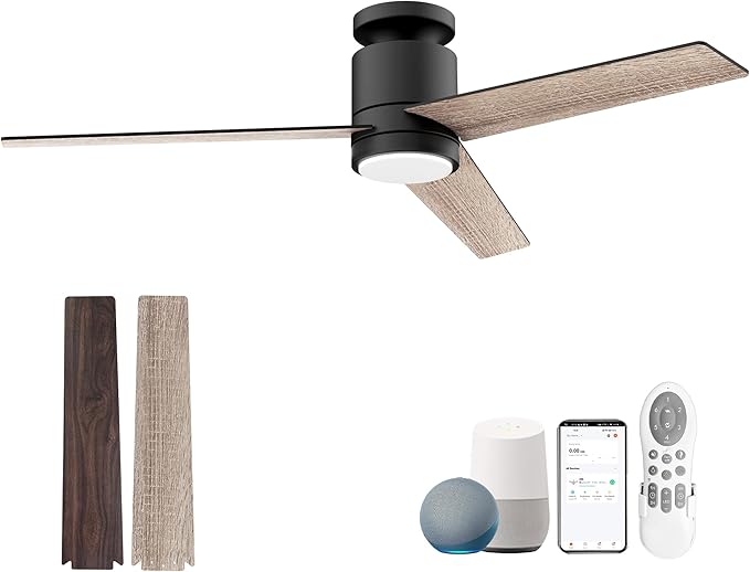52” Smart Flush Mount Ceiling Fans with Lights Remote,Quiet DC Motor,Outdoor Indoor Low Profile Ceiling Fan,Voice Control via WIFI Alexa App,Modern Black& Walnut Dimmable Fan for Bedroom Patio