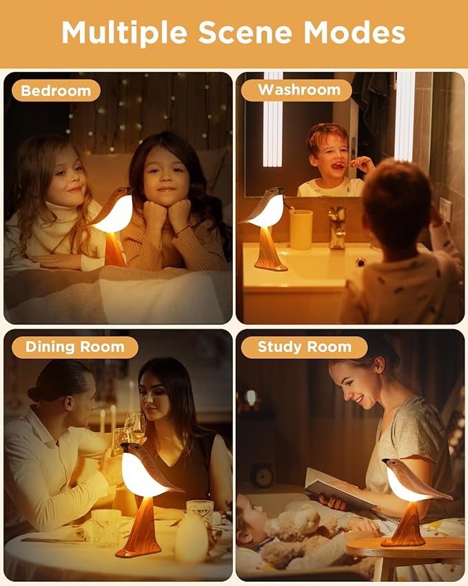 Small Bird Table Lamp, 2600mAh Touch Cordless Bedside Lamp with Remote Control & Phone Holder, 3-Color Dimmable Kids Night Light, Rechargeable Desk Lamp with Timer & Bird Sounds for Toddler Kids