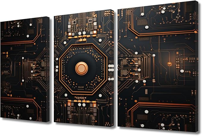 3 Panels Canvas Prints Circuit Board Pictures Wall Art Modern Home Decor Motherboard Digital Chip Poster Living Room Chip Bedroom Decoration Artwork Painting Framed Ready to Hang (36"Wx24"H)