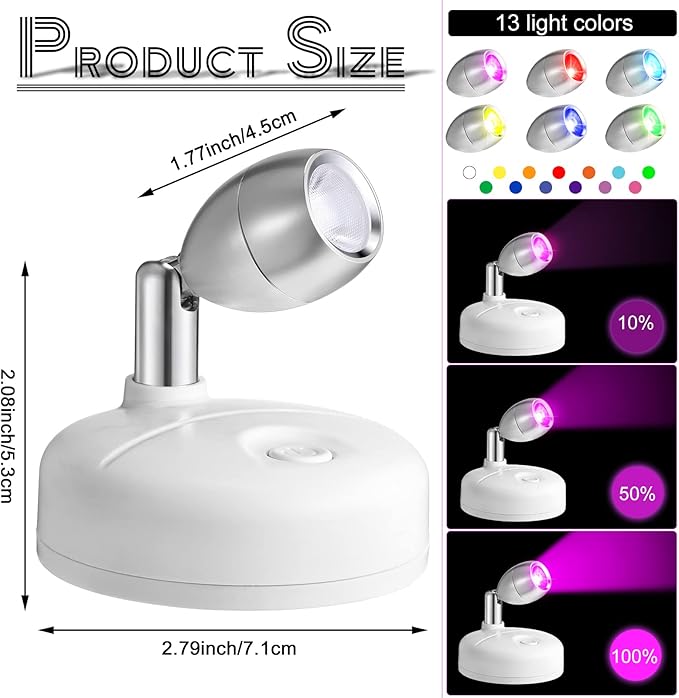 Hortsun 6 Pieces Battery Operated Spotlights Indoor LED Wireless Spotlight Indoor 13 Color up Lights with Rotatable Light Head Stick on Wall Hallway for Painting Picture Artwork Closet(White)
