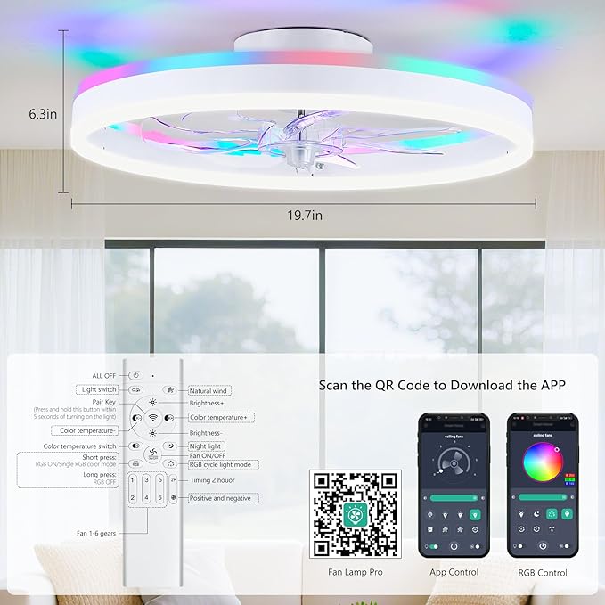 19.7" Ceiling Fans with Lights, Smart RGB Color Changing Low Profile Ceiling Fan, Modern Flush Mount Fandelier with Remote and APP, 6 Speeds, Quiet DC Motor, for Living Room, Bedroom, Indoor