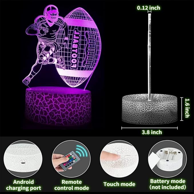 3D Night Light - Football 4 Patterns Hologram Lamp, Dimmable Remote/Smart Touch, 16 Color Changing LED, Room Decor Bedside Desk Lamp, Gift for Football Fans