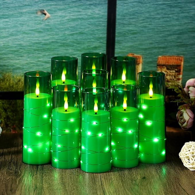 Flameless LED Candles with Timer 9 Pc Flickering Flameless Candles for Romantic Ambiance and Home Decoration Stable Acrylic Shell,with Embedded Star String，Battery Operated Candles（Green）