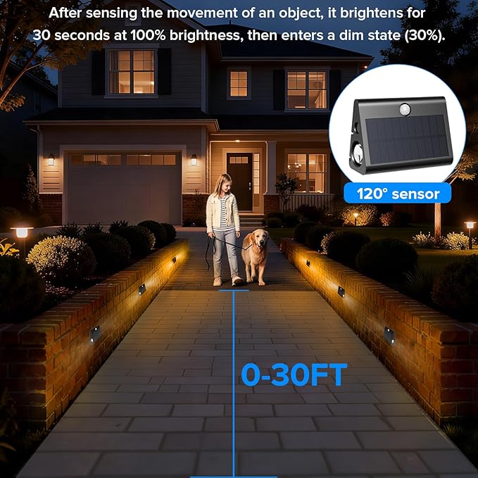 6 Pack Motion Sensor Solar Step Lights, IP67 Waterproof Outdoor Stair Light, 3 Color Temp & Double-Sided Lighting,Outside Decor Light for Deck,Porch,Railing,Fence,Walkway, Yard,Wall,Patio