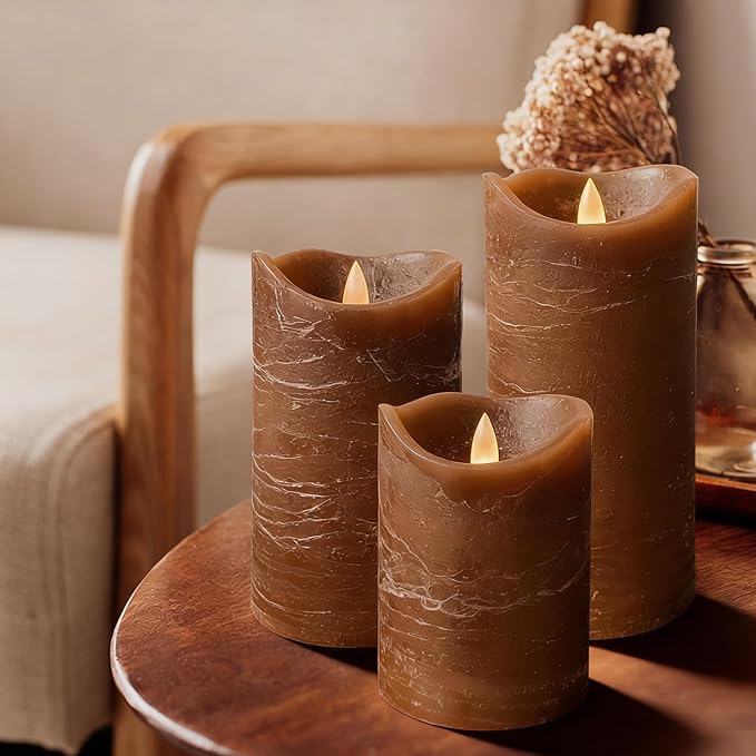 Real Wax Flameless Candles Set of 3 (D 3" x H 4" 5" 6") Battery Operated LED Candle with Timer Home Decorative Pillar Flickering Lights,Wedding Party Events Decor,Brown