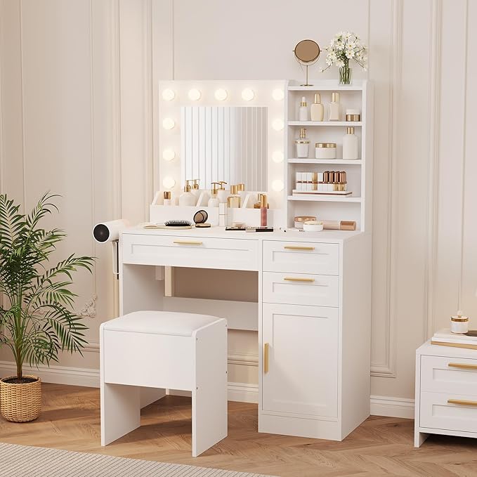 Makeup Vanity with Mirror and Lights, 37" Small Vanity Desk with Power Outlet, 3 Colors & Adjustable Brightness, White Vanity Set with 3 Drawers, Cabinet & Cushioned Chair