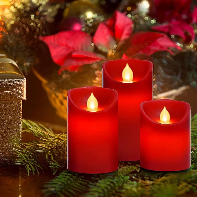 Nancia Flameless Battery Operated Flickering Candles:3PACK Red Real Wax Pillar Candle,Electric LED Candle with 10-Key Remote Control and 24 Hours Timer for Home Decoration Holiday Party
