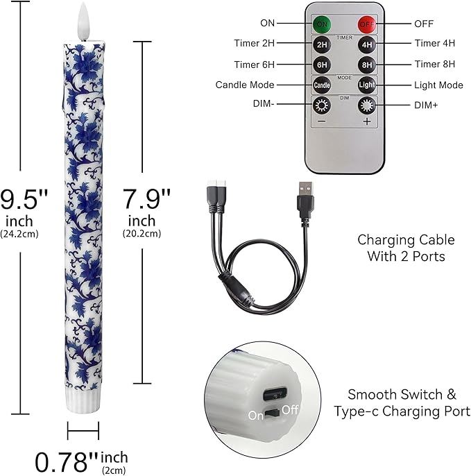 Chinoiserie LED Candles Remote Candlesticks-10inches Blue and White Battery Operated Candles Timer Floral LED Taper Candles Lights for Home Wedding Tea Party Windows Decor-RC2PC-BLUWHT