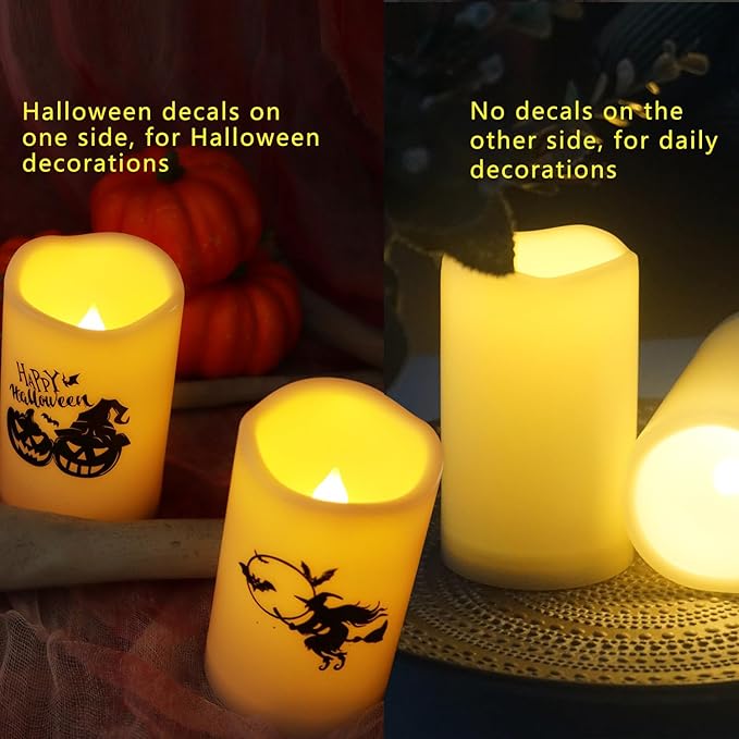 CANDLE CHOICE Outdoor Battery Operated Flameless Pillar Candles with Auto Daily Timer Waterproof Realistic Flickering Electric LED Lights with Pumpkin Witch Decals Halloween Decorations 3”X5” 2 Pack