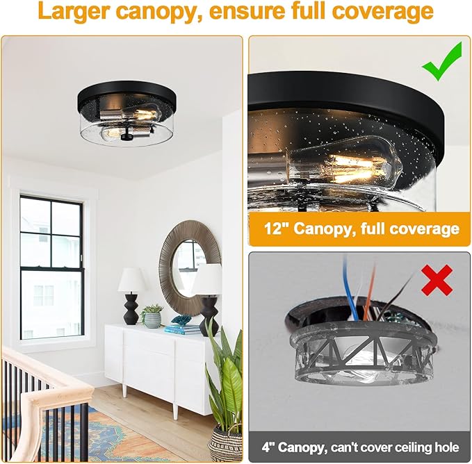 Flush Mount Ceiling Light Fixtures, 2-Light Black and Silver Ceiling Mount for Farmhouse with Seeded Glass Lampshade, Industrial Flush Mount Light Fixture for Hallway, Kitchen, Entryway and Foyer