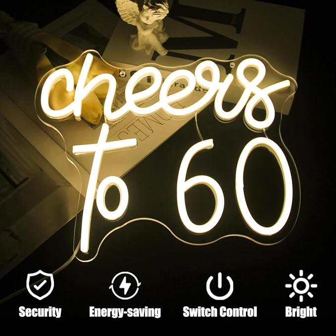 Cheers to 60 Neon Sign - 60th Birthday LED Neon Lights - Warm White - Happy Birthday Signs for Wall Decor - 60 Years LED Signs for Wall, Bedroom, Bar, Wedding, Party Decor