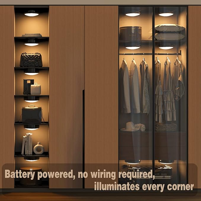 ILYXY LED Puck Lights with Remote, 6 Pack Under Cabinet Lighting, Battery Operated Push Light, Dimmable & Color Changing Tap Lights, Stick-On, Shiny Black