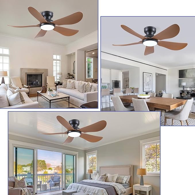 46 Inch Modern Ceiling Fans with Lights, Flush Mount Ceiling Fan, Remote/APP Control, 5 Reversible Curved Blades, 6 Speeds, 3 CCT Dimmable LED Lights for Bedroom Kids Room, Brown