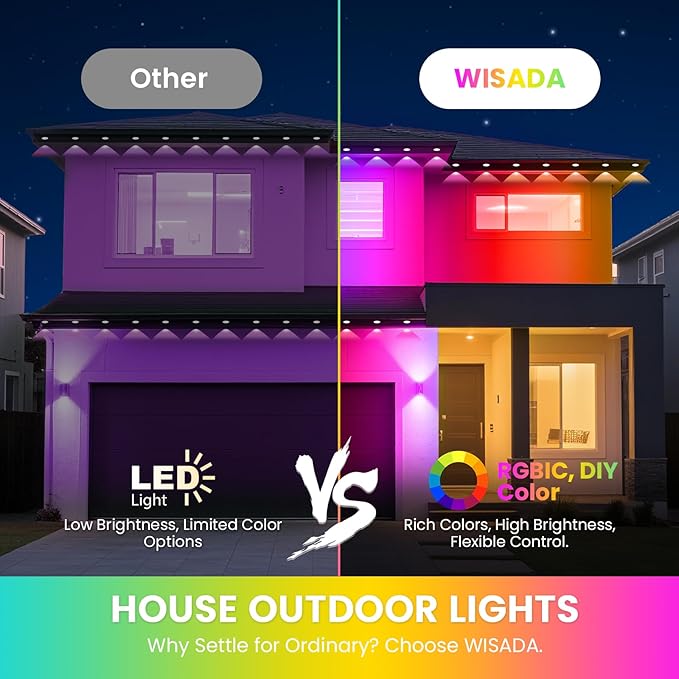 Led Christmas Lights Outdoor Permanent Light for House, DIY App & Bluetooth Music, Waterproof Ip65, VISADA 100ft Rgbic Women's Day Outdoor Lights Fit for Soffit Fence Garage Landscape Patio.