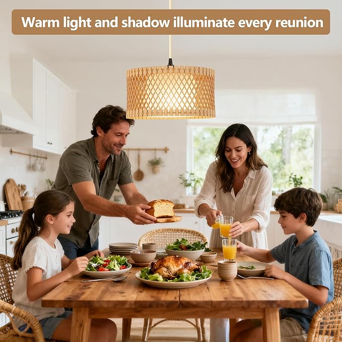 Hanging Lamp Plug in Pendant Light, 15FT Hanging Lights with Plug in Cord, Hanging Light with Bulb and Remote, Wood Shade Hanging Lamps for Bedroom, Living Room, Kitchen, Farmhouse