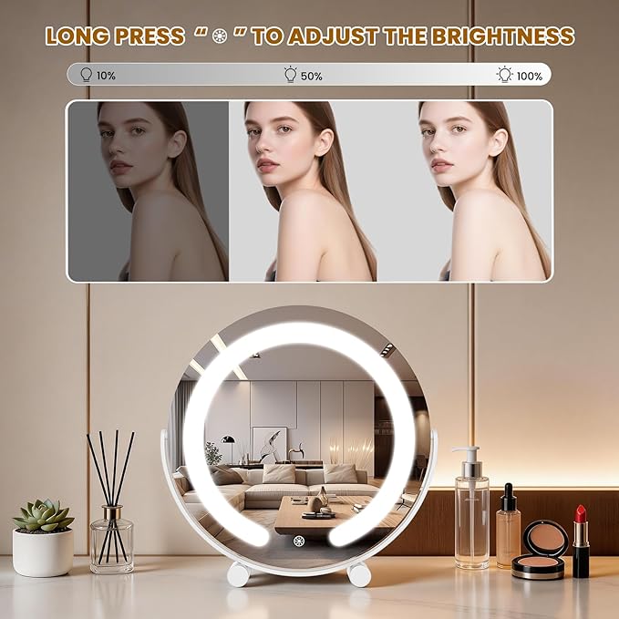 Vanity Mirror with Lights, 12" LED Makeup Mirror, HD Professional Mirror, Smart Touch with 3-Color Lighting, Dimmable, 360° Rotation, Lighted Up for Makeup Desk, Bedroom (White)