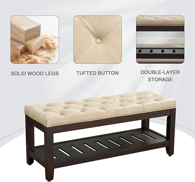 LOULENS 44'' PU Leather Tufted Storage Ottoman, Modern Upholstered End of Bed Bench, Comfortable Entryway Bench with Wood Legs, Accent Footrest for Living Room, Ivory