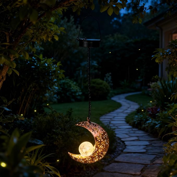 Solar Lights Outdoor Waterproof Garden Decor Hanging Moon Lanterns with Crackle Glass Ball LED for Garden Patio Yard Porch, Unique Gardening Gifts for Women Mom Grandma
