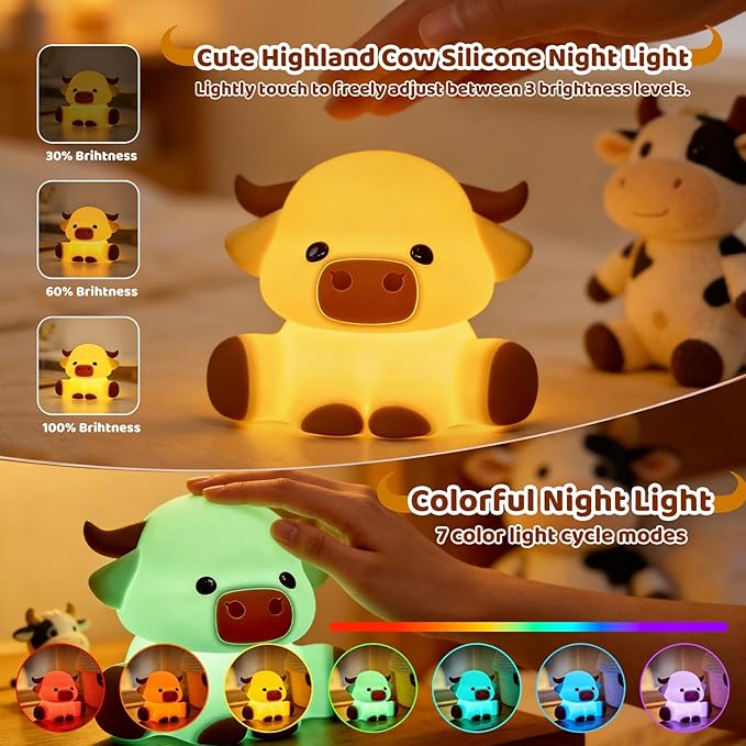 Cute Highland Cow Night Light, LED Touch Silicone Lamp for Bedroom with 7 Colors Timer and Dimmable Squishy Warm Light Night Lights, Rechargeable Animal Lamp for Bedroom Decor Birthday Gift