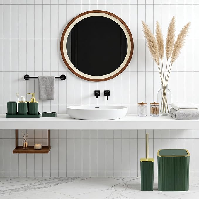 Bathroom Accessories Set-23Pcs Set, Complete Bathroom Decor & Home Decor, Bathroom Set with Toilet Brush, Trash Can, Soap Dispenser,Modern Bath Essentials (Green, Bath Set+Shower Curtain&Liner Set)