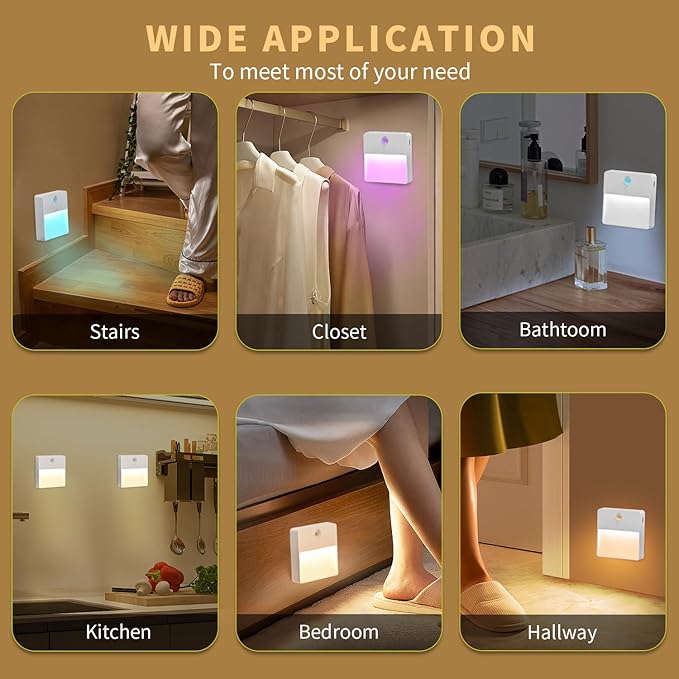 ASAWASA LED Motion Sensor Night Light, 7 Colors Rechargeable Magnetic Decor Wall Lights, Dimmable, Suitable for Bathroom hallways bedrooms Kitchen cabinets Staircase(2 Pack)