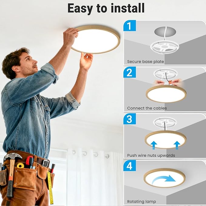 2 Pack LED Flush Mount Ceiling Light,7Inch 15W,3000K/3500K/4000K/5000K/6500K 5 Color Temperatures Ceiling Light Fixture for Kitchen Porch Hallway Bedroom Bathroom and Closet,Wood
