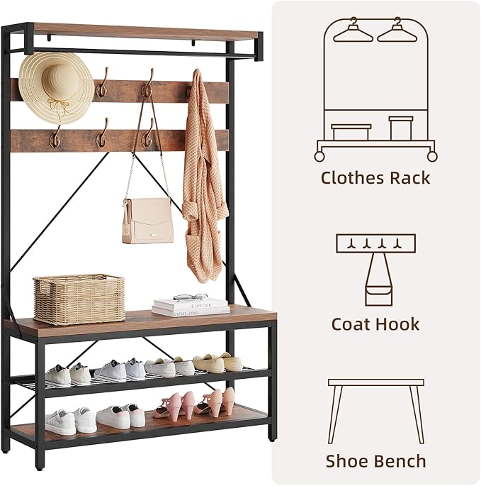 IDEALHOUSE Coat Rack Shoe Bench Industrial Hall Tree Storage Bench for Entryway Wood Look Accent Large Shoe Rack with Storage Shelf Hanging Bar,8 Hooks Grey 39.9"x15.7"x72"