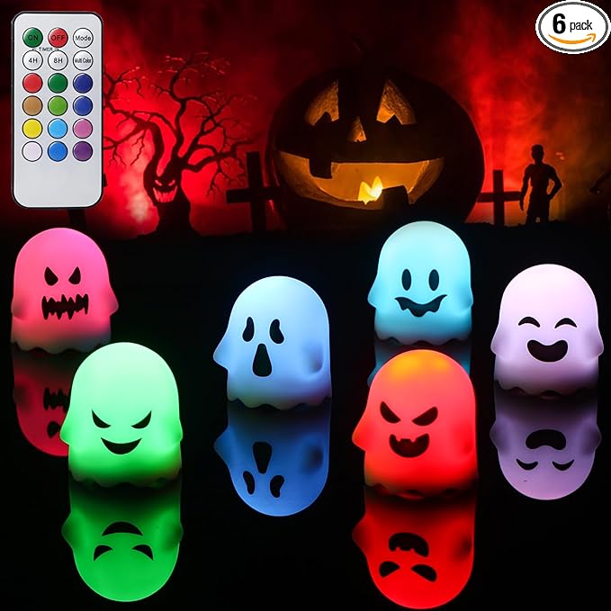 DRomance Halloween Ghost Lights Flameless Candles Battery Operated with Remote and Timer 6 Pack Color Changing LED Small Votive Candles Spooky Halloween Indoor Deocration(2 x 2.4 Inches)