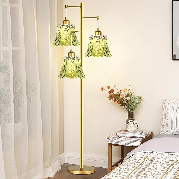 Gold Floor Lamp for Living Room,Bedroom,Tree 3 Light Standing Lamp Mid Century Modern Brass Tall Floor Lamps Vintage Retro Floor Lights Glass Green Flower Lamp Shade Farmhouse Boho Bohemian