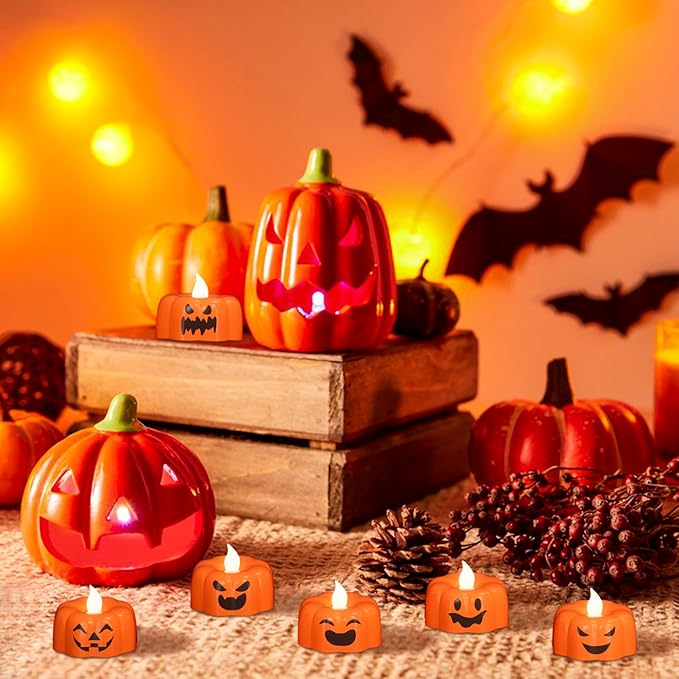 DRomance Halloween Pumpkin Lights Flameless Candles Battery Operated with Timer, 200 Hours Lasting LED Flickering Votive Tealight Candles Spooky Face Halloween Decorations Indoor(6 Pack, 1.9" x 1.6")