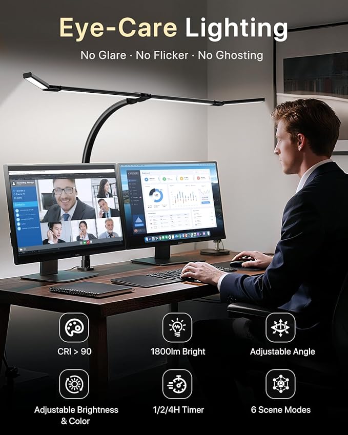 ONEMIX 42" LED Desk Lamp with Clamp, Architect Desk Light with Remote, Adjustable 4-Segment Bar, 1800LM Bright, Eye-Caring Desk Lamp for Home Office, Reading, Study, Dual Monitors, Easter (Black)