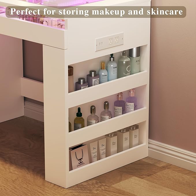 Vanity Desk with Lighted Mirror & Transparent Top, Makeup Vanity Desk with 4 Transparent Drawers and RGB Lighting, Built-in Power Outlet, 3-Tier Side Shelves & Storage Organizer for Bedroom