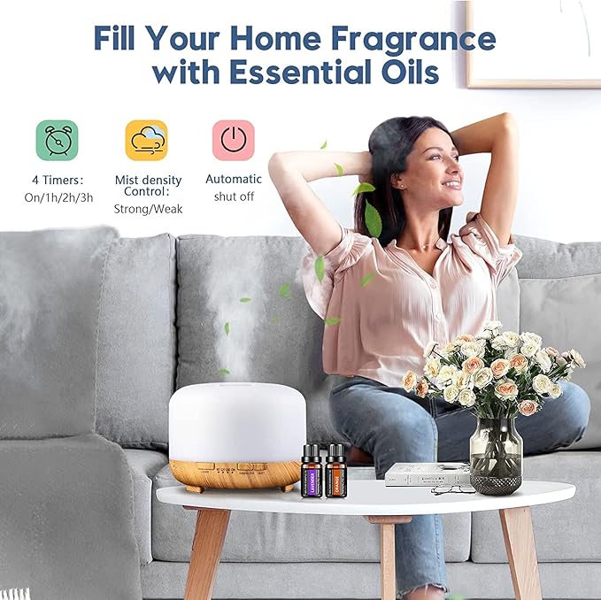 Ultrasonic Essential Oil Diffuser: 500ml Aromatherapy Humidifier Remote Control Large Room - Fragrance Water Vaporizer Aroma Scent Air Mister with Light & Timer Bedroom Office, Black
