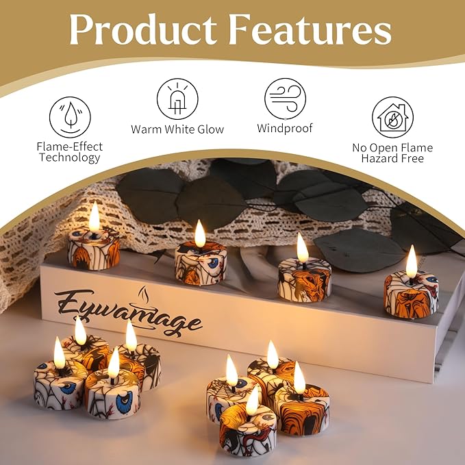 Eywamage Flameless LED Tealights with Remote Set of 12, Cool Pattern Battery Tea Votive Candles Holiday Gift