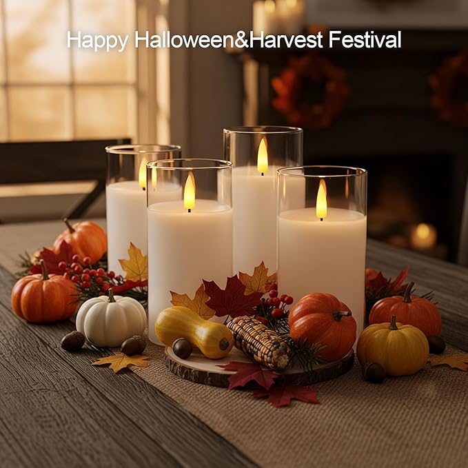5plots Flameless Battery Operated Candles Set of 3, White LED Candles with Remote Timer, Real Wax Glass Pillar Candles Warm Flickering Light for Indoor Home, Halloween, Christmas Decor D3 x H6 6" 6"
