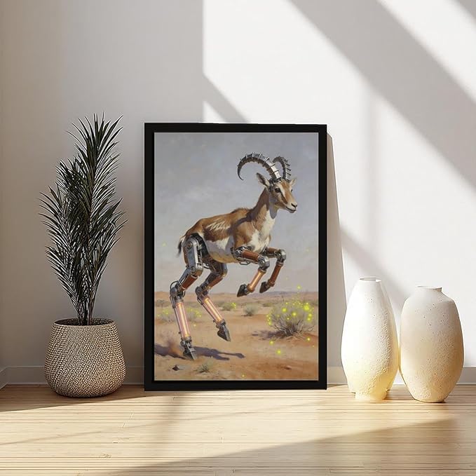 Framed Steampunk Mechanical Antelope Wall Art - Desert Futuristic Poster for Loft Living Room Decor 24x36in