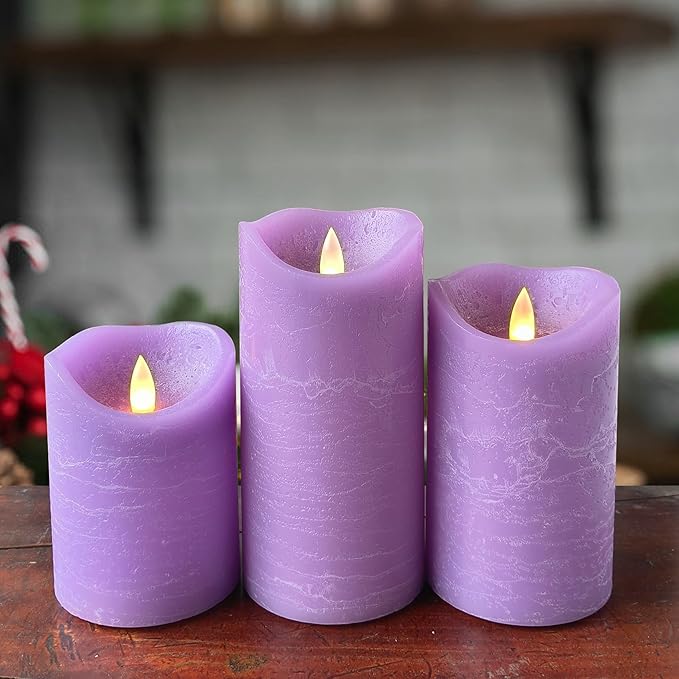 Real Wax Flameless Candles Set of 3 (D 3" x H 4" 5" 6") Battery Operated LED Candle with Timer Home Decorative Pillar Flickering Lights,Wedding Party Events Decor,Purple