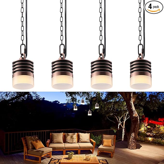 LEONLITE Low Voltage Hanging Lights, 12V Pendant Lights Outdoor, LED Landscape Hanging Lights for Gazebo Tree Porch, UL Listed, Aluminum, IP65, 320lm, 2700K Soft White, Red Bronze, Pack of 4
