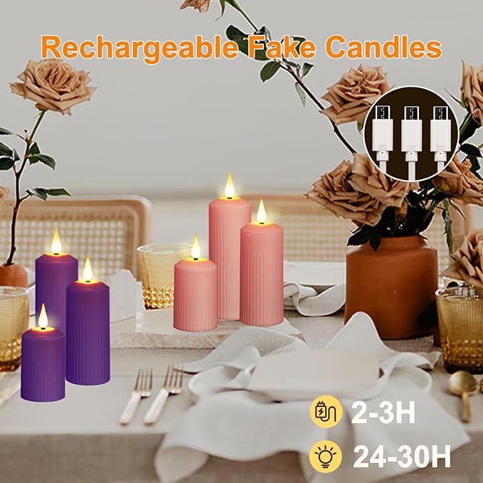AVEKI Flickering Flameless Candles, Rechargeable Fake Candles with Remote Control and Timer, Waterproof Pillar Candle for Lantern Holiday Wedding Party Home Decor (Pink-2PCS)
