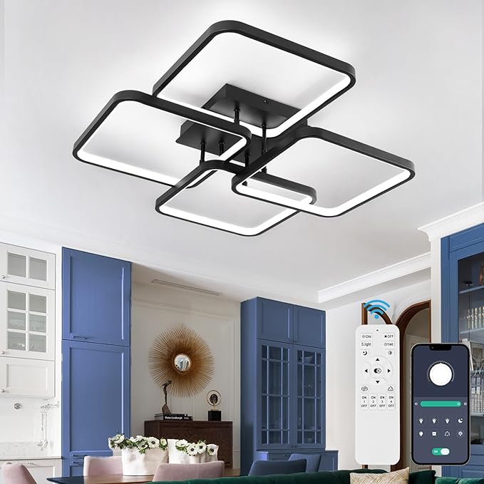 Modern Led Ceiling Light Fixtures for Living Room, Dimmable Square Ceiling Lighting Fixture with Remote Control, 3 Colors Flush Mount Ceiling Light for Dining Room, Kitchen, Living Room