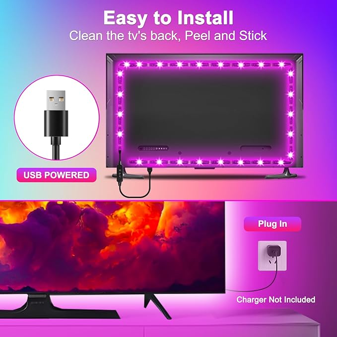 Daymeet LED Lights RGB Backlight, 16.4ft Strip for 65-85 inch TV Behind, Music Sync USB Bluetooth APP Remote Control Color Changing Light for Gaming Room