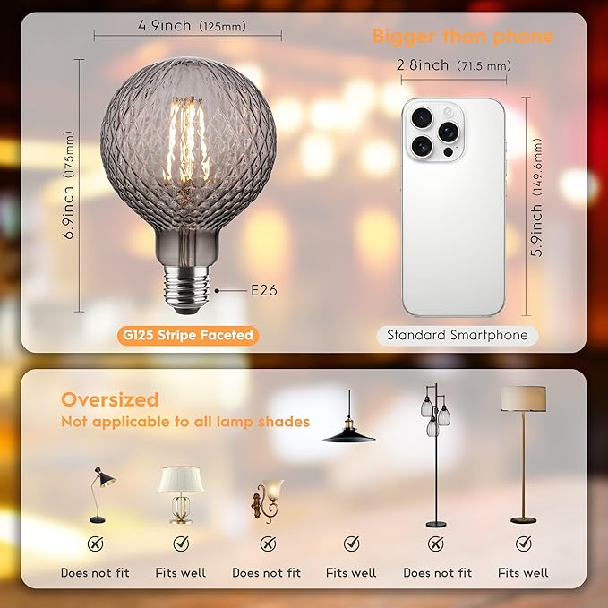 Vintage Edison LED Bulbs, Dimmable 4W Globe G125, 2200K Warm White Ambient Mood Lighting for Decoration, Squirrel Cage Filament, Smok Diamond Figure Glass LED Light Bulbs, E26 Base