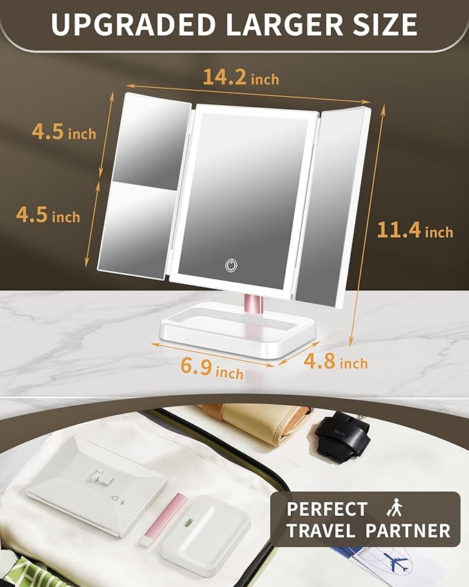 for Mom Makeup Mirror Vanity Mirror with Lights, 14.4" L x 9.1" W Rechargeable Lighted Mirror with 1X 2X 3X Magnification, 76 LEDs & 3 Color Modes, Gifts for Women, Wife, Teengirls