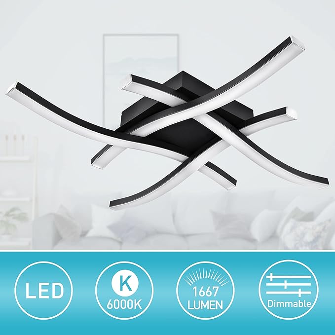 EDISLIVE Modern Dimmable LED Ceiling Light Curved 4-Light 18 in Minimalist Flush Mount Ceiling Light Fixture Lamp for Bedroom Foyer Kitchen 6000K 24W Black