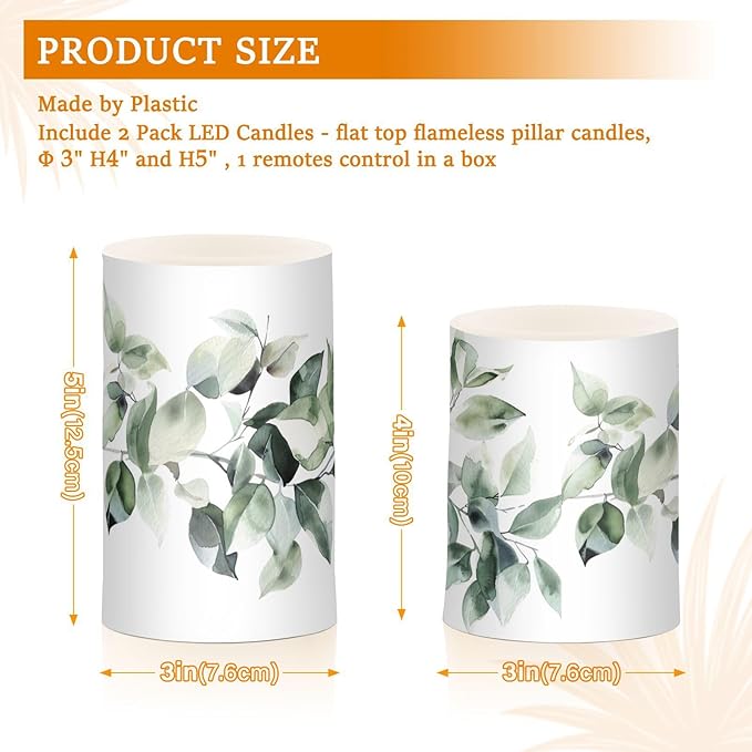 Watercolour Leaf Pattern Flameless Candles Color Changing LED Candles with Remote Control Battery Candles for Outdoor and Indoor Home and Room Decoration, 3'' x 4''/5'' Set of 2 Pieces