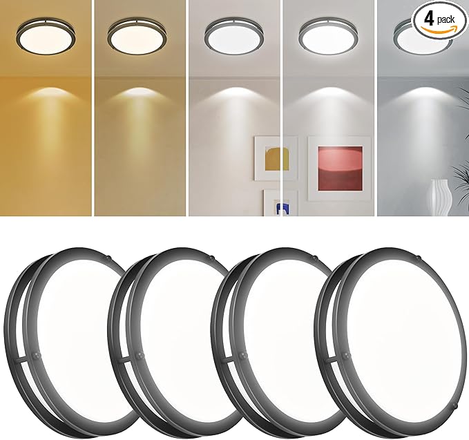 4 Pack 7.5 Inch Round Black Ceiling Light Fixture for Hallway Bedroom - 7.5” Black LED Flush Mount Ceiling Lamp Set of Four 2700K/3000K/3500K/4000K/5000K LED Kitchen Bathroom Light 12W